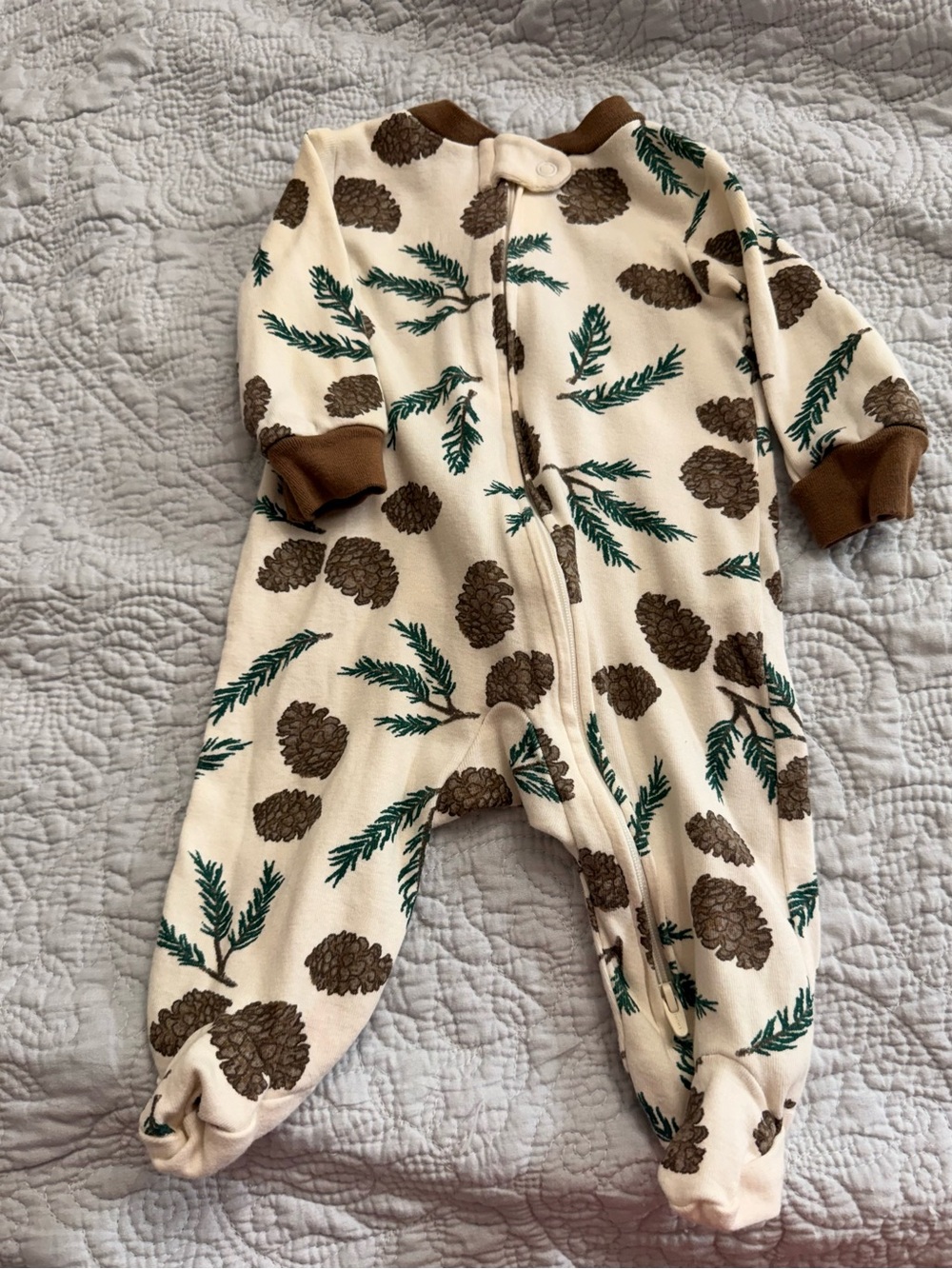 Cream Pinecone Print Footie One-Piece - Neutral Brown & Green